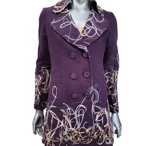 288. Neslay Paris Women's Eggplant Embroidered Wool Blend Coat - Size Small